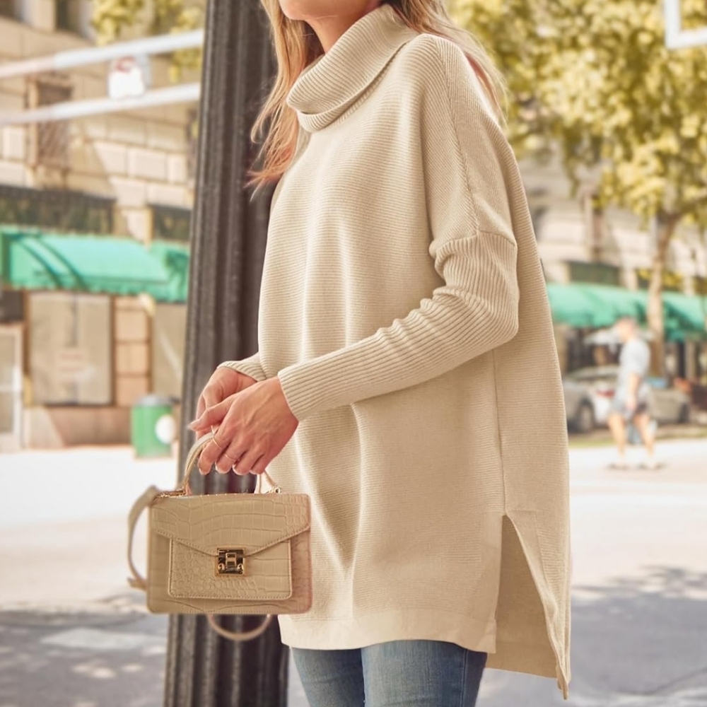 Lillusory Cream Turtleneck Sweater Side Slits Oversized Casual Work Classic XS - Picture 2 of 13